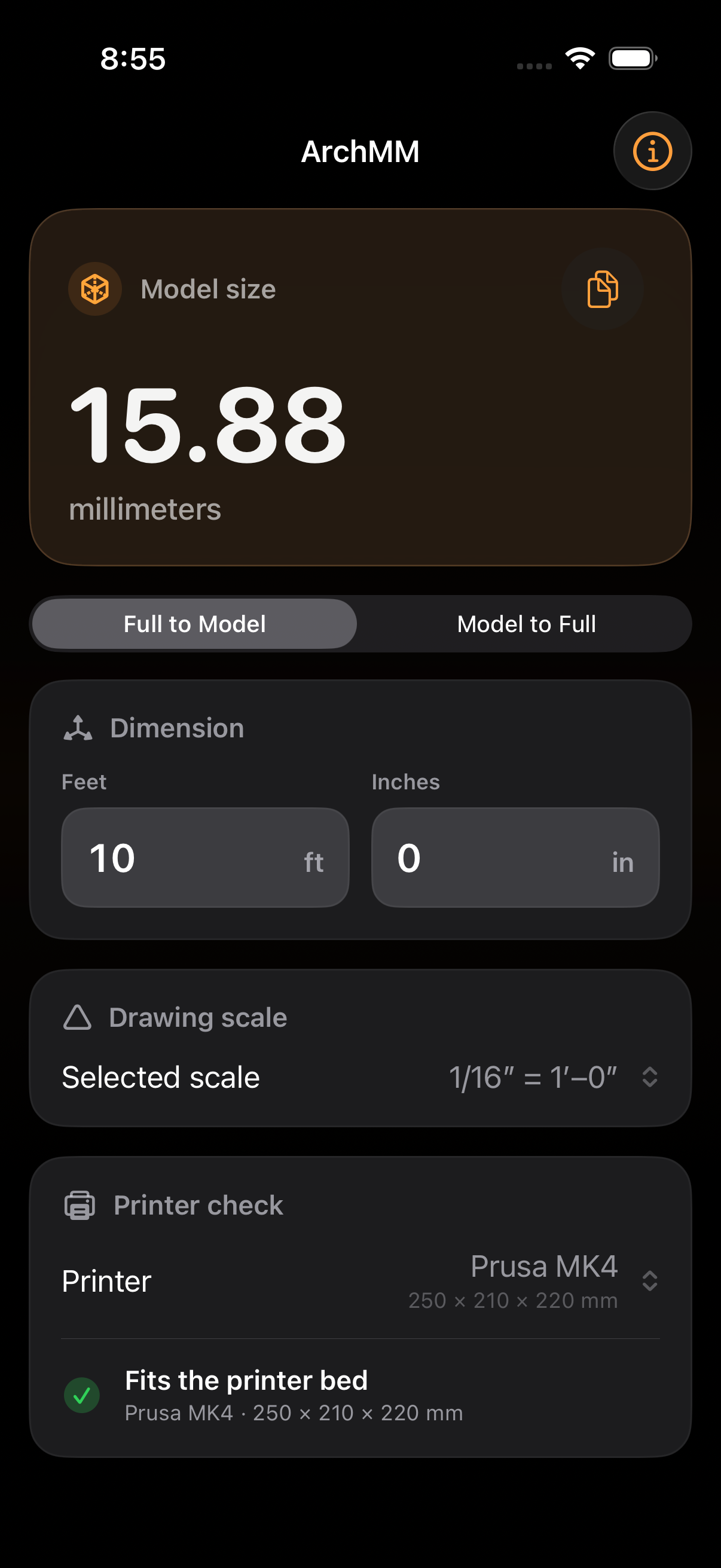 ArchMM converting a full-size dimension to model millimeters on iPhone