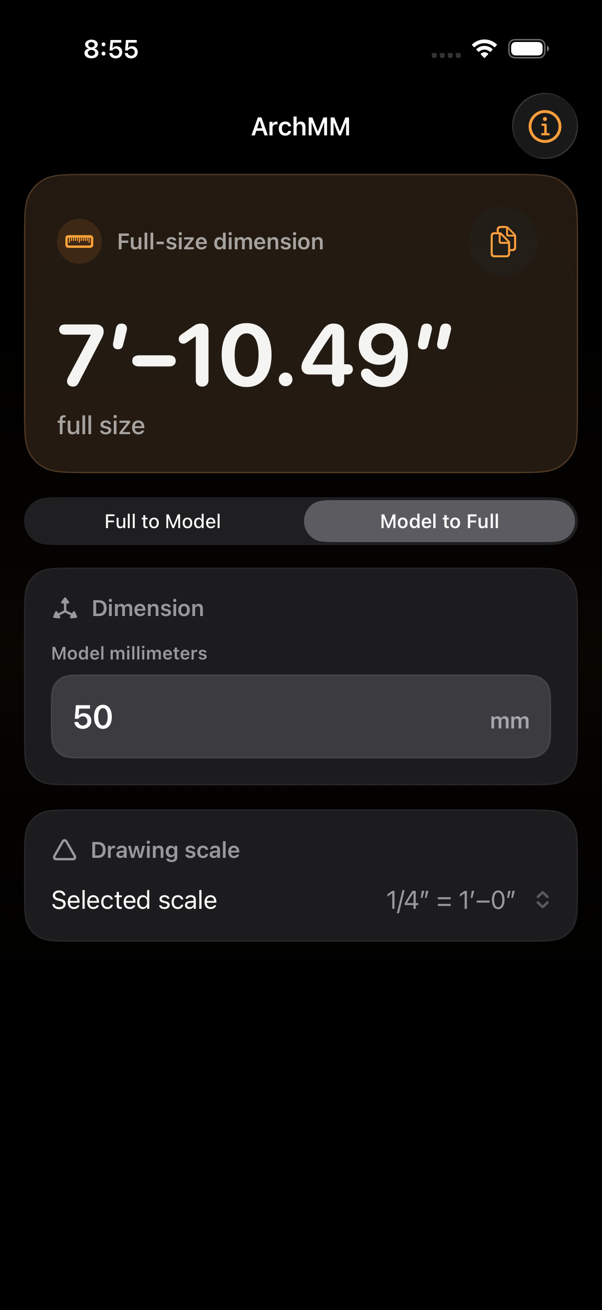ArchMM converting model millimeters to a full-size dimension on iPhone