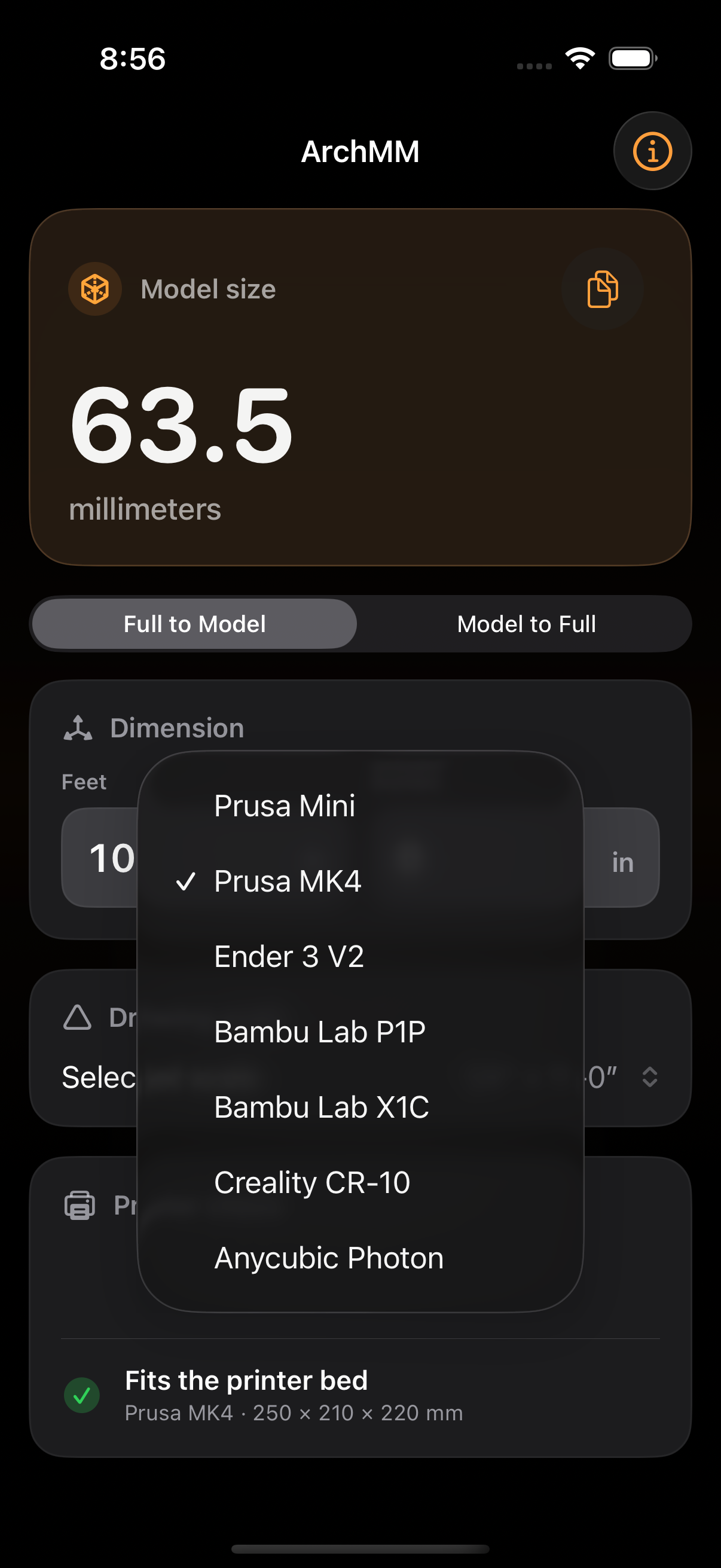 ArchMM 3D printer-bed picker on iPhone