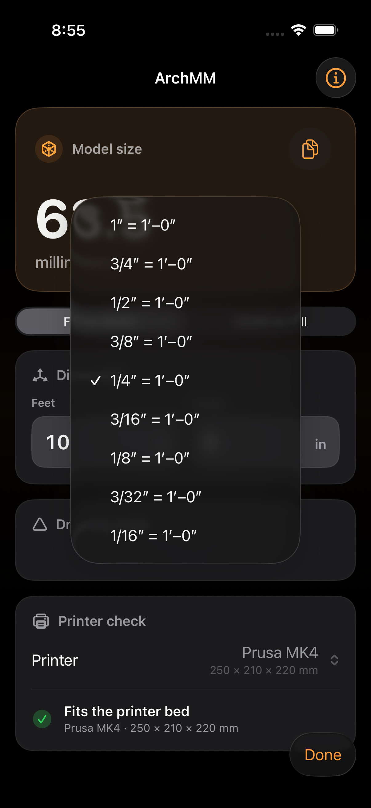 ArchMM architectural drawing-scale picker on iPhone